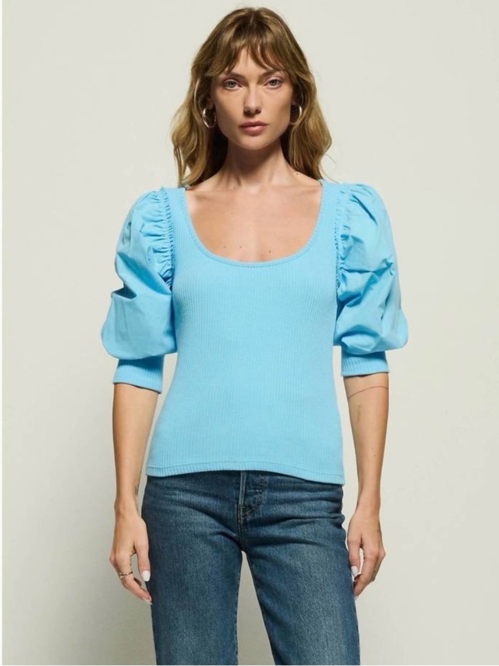 NATION LTD Corynn Blue Puffer Sleeve Top